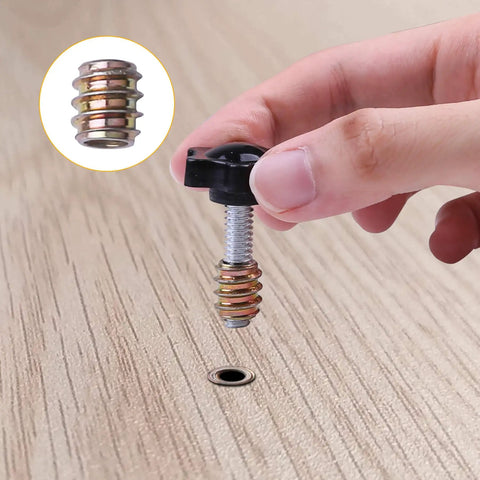 Hand inserting bolt from 48 Piece T Track Bolts And Knobs Kit For Woodworking Jigs And Fixtures One Quarter Inch By Twenty T Bolts And Star Knobs Easy DIY Hardware For Sliding Jigs And Precise Setups into wood