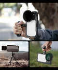 Hands holding Phone Cage Rig for iPhone 17 Pro Max With Quick Release Stabilizer Kit, 67mm Filter Ring, PA144 Black in various settings.