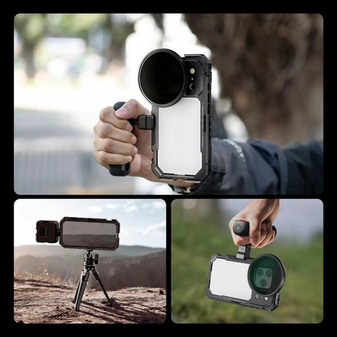 Hands holding Phone Cage Rig for iPhone 17 Pro Max With Quick Release Stabilizer Kit, 67mm Filter Ring, PA144 Black in various settings.
