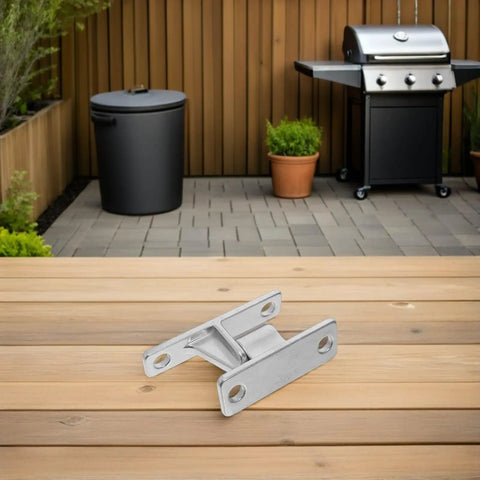 Two Pack Beefy Heavy Duty Stainless Steel Wall Mount Gate Hinges With Male And Female Mechanisms And Screws For Livestock And Garden Gates In Demanding Outdoor Environments on wooden deck