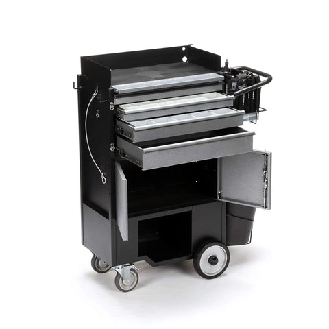 Heavy Duty Four Drawer Rolling Utility Cart For Workshop Garage And Warehouse With Slick Storage Layout And Included Tool Bag, black steel design.
