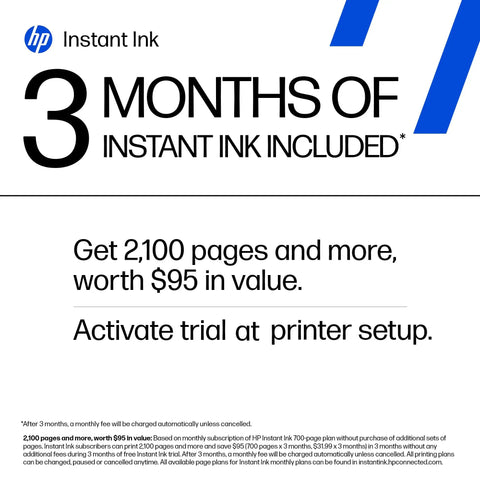 3 Months Instant Ink trial included instructions and value details for DeskJet 2827e Wireless All In One Color Printer With Scanner And Copier For Home Use AI Enabled 3 Month Instant Ink Trial Included Easy Setup Fast Color And Black Printing Great For Docs And Photos.