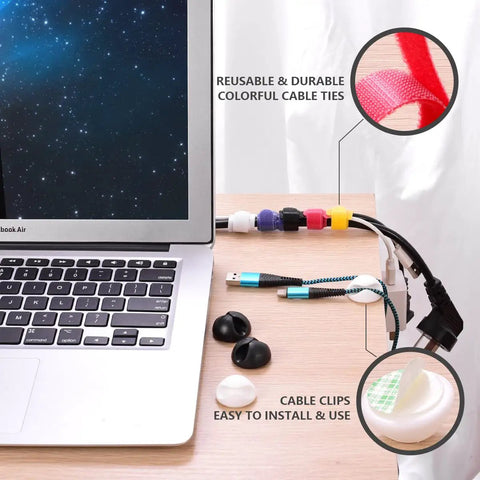 Cable clips and colorful ties organizing laptop cords, illustrating use with Large Wood Grain Cable Management Box To Hide Wires And Power Strips.