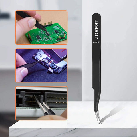 Complete Console And Controller Repair Kit with curved tweezers, close-up of various uses in circuit and small parts handling.