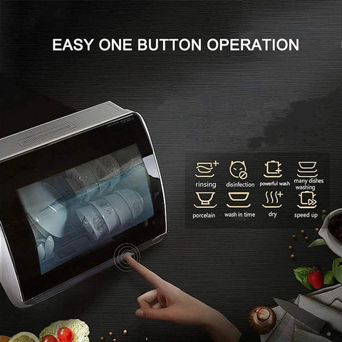 Slick Tabletop Dishwasher With Built In Water Tank And Clear Glass Front, featuring one-button operation for easy use.