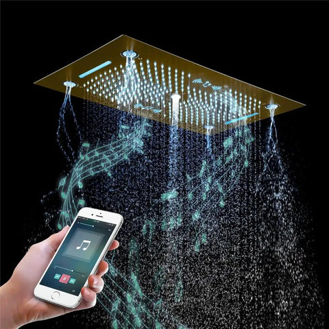 Premium Recessed Led Bluetooth Shower Combo With Heavy Duty Slide Rail 6 Way High Pressure Rainfall Tub Faucet Kit In Brushed Nickel with Bluetooth rain panel
