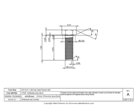 5/16-18 X 1 Inch UNC Titanium Hex Head Bolt drawing showing precise dimensions for Grab A Fresh Pack Of 10 Boss Level 5/16-18 1 Inch UNC Titanium Hex Head Bolts Grade 2 CP That Are Truly Badass Stronger Lightweight Wreckers Of Rust Perfect For Saltwater Shores Heavy Duty Fasteners With Polished Shiny Look.