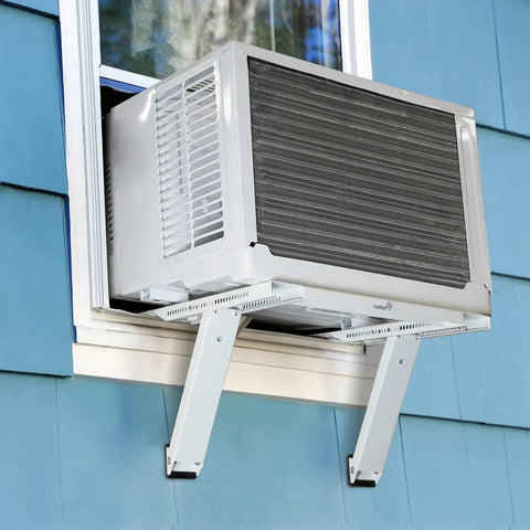 Heavy Duty Window AC Bracket No Tools Needed Easy Install Mount Holds Up To 200lbs attached to blue house exterior.