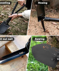 Lightweight 18.5 Inch Folding Shovel For Camping And Hiking showcasing shoveling, hoeing, nail pulling, and sawing functions