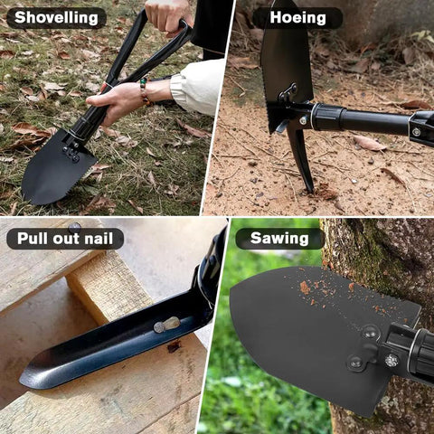 Lightweight 18.5 Inch Folding Shovel For Camping And Hiking showcasing shoveling, hoeing, nail pulling, and sawing functions