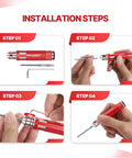 Installation steps for Top Shelf Scribe Tool Set featuring seven durable steel blades ranging from .1 to 2.0mm.