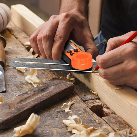 Person using Digital Angle Finder Protractor 0-360 Degrees with T Bevel Gauge on wood during woodworking project