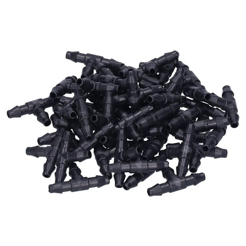 Pile of Drip Irrigation Tee Connectors Kit For 4/7 Inch Hose, 100 Pack Garden Fittings for lawn beds and greenhouses
