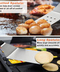 Camping Ready 27 Piece Griddle Accessories Kit For Flat Top Grills with slotted and long spatula shown on grill