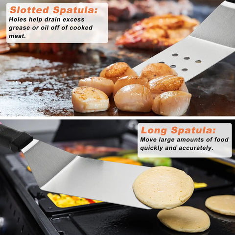 Camping Ready 27 Piece Griddle Accessories Kit For Flat Top Grills with slotted and long spatula shown on grill