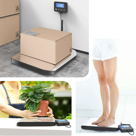 Heavy Duty 440Lb Shipping Scale For Packages And Postage, Large Postal Scale With Stainless Steel Surface, 4 Load Cells, Accurate Digital Shipping Scale For Small Biz, Laundry, Warehouse, And Mailing in use with boxes, plants, and person weighing