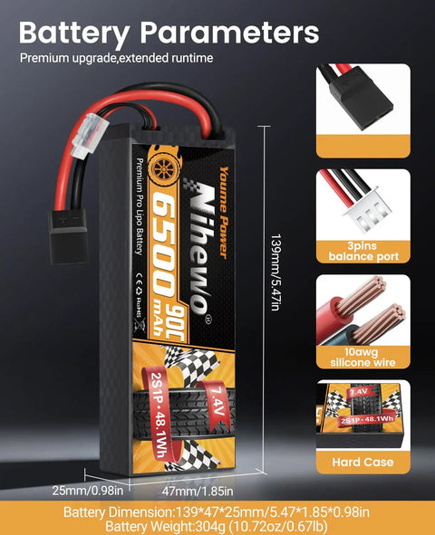 Beefy Two Pack 2S 7.4V 6500mAh 90C LiPo Battery With Hard Case And TR EC5 Plug dimensions and features
