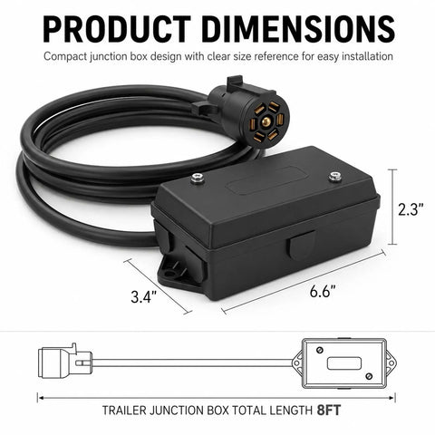Heavy Duty 7 Way Trailer Cord With 8 Ft Wiring Harness And Molded Nylon Junction Box For Rv Camper Towing with product dimensions labeled.