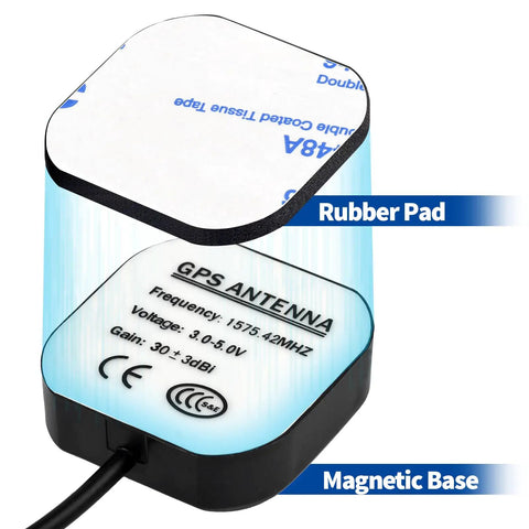 Waterproof Pro Grade GPS Antenna With SMA Male Connector, magnetic base and rubber pad, frequency 1575.42MHz shown.