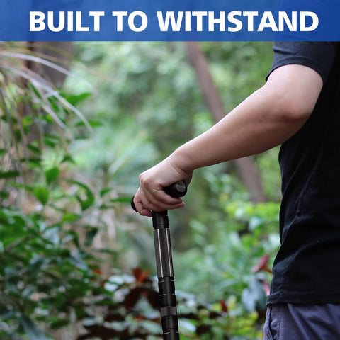 Person using Rugged Tactical Hiking Stick With Built-In Multi-Tool, 8-Section Walking Staff Made From Aerospace-Grade 6061-T6 Aluminum