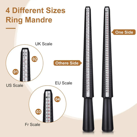 11 Piece Ring Mandrel Set For Jewelry Making With US And UK Ring Sizers Ring Measuring Tool Repair Tool Rubber Jewelry Hammer Polishing Cloth Polishing Stick Polished Agate Knife And More, showing UK, US, EU, Fr scales