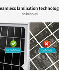 Comparison of seamless lamination technology in solar panels showing no bubbles versus bubbles present.