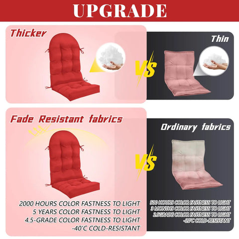 Comparison of red 4 Piece Outdoor Patio Chair Cushions Set With Thick High Back Adirondack Rocking Chair Cushions and thin versions showing thickness and fade resistance benefits.