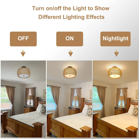 3 Light Boho Rattan Ceiling Light With Linen Fabric Shade Semi Flush Mount For Bedroom Kitchen Foyer And Hallway Handwoven Rattan Fixture That Softens Light For A Cozy Boho Farmhouse Vibe showing different lighting effects in a bedroom