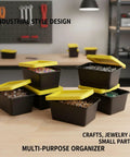 Go To Mini Storage Bins With Lids 4 Pack for small parts, crafts, and hardware, stackable with black base, yellow lids, organized on table.