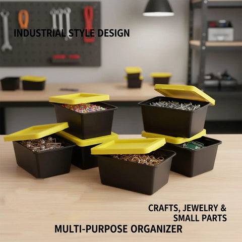 Go To Mini Storage Bins With Lids 4 Pack for small parts, crafts, and hardware, stackable with black base, yellow lids, organized on table.