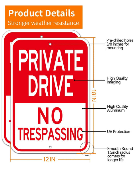 Built Legit Tough Private Driveway Sign 2 Pack 12X18 No Trespassing Warning Board Rust Free Aluminum durable red sign with pre-drilled holes.
