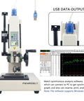 Digital Force Gauge 500N Push Pull Gauge With Test Stand USB Data Output For Accurate Bench Top Testing And Measurements Zero Point Five Percent Accuracy 500N Capacity 180 Millimeter Travel, USB cable and PC graph