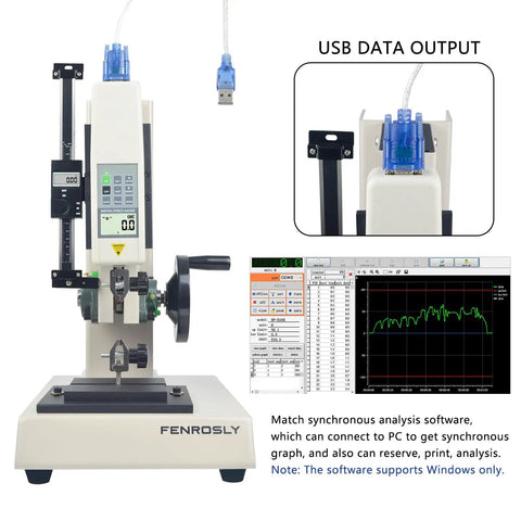 Digital Force Gauge 500N Push Pull Gauge With Test Stand USB Data Output For Accurate Bench Top Testing And Measurements Zero Point Five Percent Accuracy 500N Capacity 180 Millimeter Travel, USB cable and PC graph