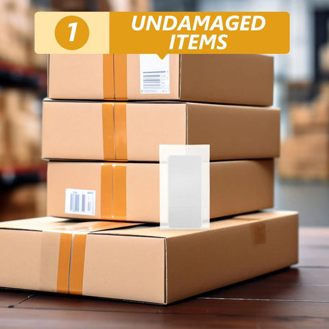 White EPE Foam Wrap Bags 100 Pack Reusable Cushioning Pouches For Shipping And Transport Protective Packaging Supplies next to boxes