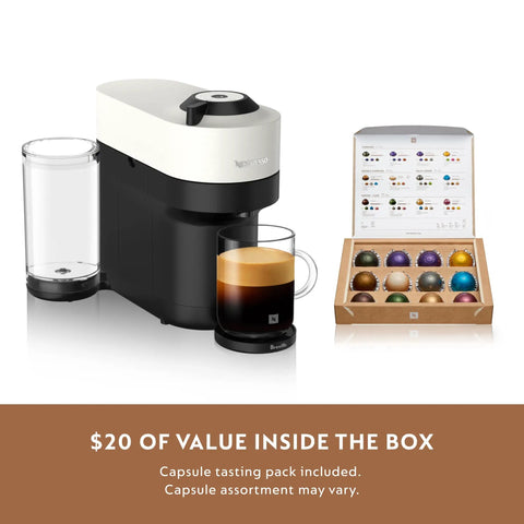 Vertuo Pop Plus Coffee And Espresso Maker From Breville In Coconut White Delivers Five Cup Sizes Including 5 8 And 12 Oz Coffees Plus Single Or Double Espressos Hot Or Iced For Quick Easy Home Barista Vibes And Cafe Quality At Home with capsule pack