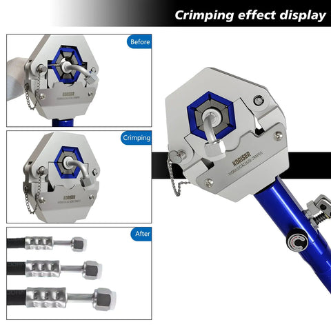 Heavy Duty Hydraulic A C Hose Crimper Kit for Beadlock Fittings showing crimping process on hoses