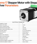 Nema 17 Stepper Motor With Integrated Driver with electrical parameters table showcasing its specifications and features for DIY projects.