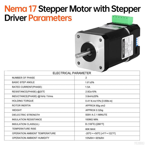 Nema 17 Stepper Motor With Integrated Driver with electrical parameters table showcasing its specifications and features for DIY projects.