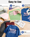 Vibrant 33 Sheets 12x12 Inch Heat Transfer Vinyl Kit showing cutting, weeding, and pressing steps on T-shirts