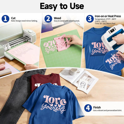Vibrant 33 Sheets 12x12 Inch Heat Transfer Vinyl Kit showing cutting, weeding, and pressing steps on T-shirts