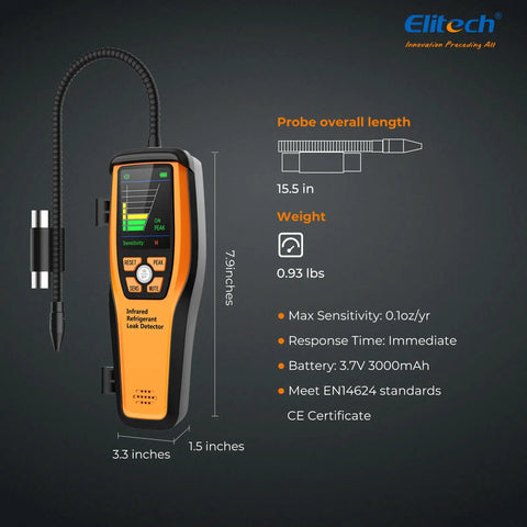 Infrared Refrigerant Leak Detector For HVAC And Automotive Use, Pro Grade Sniffer With Fast Freon Detection, Anti Interference Sensor, High Sensitivity Low Med High, Long Life Infrared Sensor ILD200 7.9-inch probe
