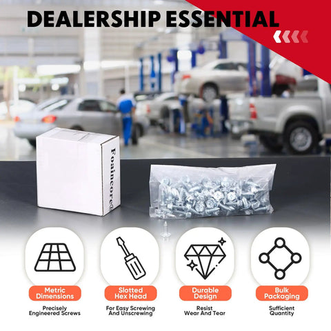 Bulk Pack Of 100 License Plate Screws 6mm X 16mm Slotted Hex Head Bolts Mounting Fasteners For Cars Auto Dealers And Body Shops Durable Stainless Steel Grade Installation Ready displayed in auto shop.
