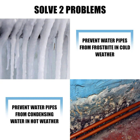 12 Pack Foam Pipe Insulation Tubes Self Adhesive Water Line Warmth Shield For Outdoor Winter Irrigation Sprinklers image showing solutions for frostbite and condensation problems with water pipes.
