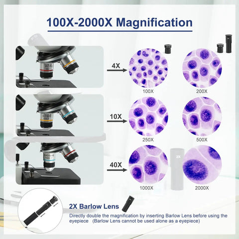 Kid-Friendly High Magnification Microscope For Adults And Kids, 100X-2000X Metal Body With Dual LED Illumination magnification chart