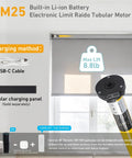 Solar Powered Battery Motor Kit For DIY Motorized Blinds And Shades Wireless Rechargeable System No Chains Fits 1.5 Inch Roller Shades Easy Install Safe For Kids Rooms And Any Window shown next to window with tubular motor, charging methods displayed.