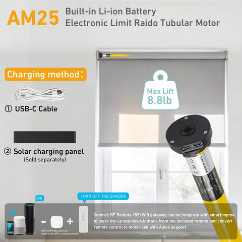 Solar Powered Battery Motor Kit For DIY Motorized Blinds And Shades Wireless Rechargeable System No Chains Fits 1.5 Inch Roller Shades Easy Install Safe For Kids Rooms And Any Window shown next to window with tubular motor, charging methods displayed.