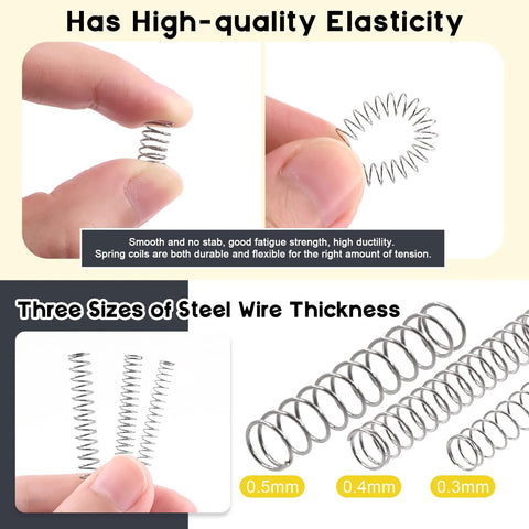 Mardatt 240-pc stainless steel compression springs in case; 0.3/0.4/0.5 mm wire, 4/5/6 mm OD, 10–50 mm length.