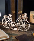 Hands On Dutch Bicycle 3D Puzzle Model With Rear Rack And Front Basket Amsterdam Themed Mechanical Toy For Brain Teaser Fans Includes Tiny Cat Dog And Flower Figures For The Basket. Wooden 75-piece model on stand