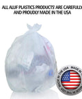 Heavy Duty Clear Trash Bags 1000 Count 12 To 16 Gallon Size 24 By 33 Inch Coreless Rolls with waste inside, proudly made in the USA.
