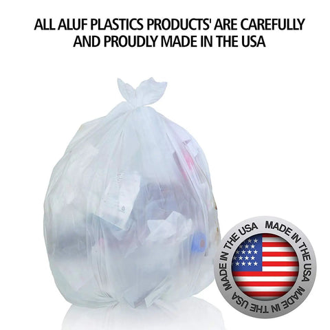 Heavy Duty Clear Trash Bags 1000 Count 12 To 16 Gallon Size 24 By 33 Inch Coreless Rolls with waste inside, proudly made in the USA.